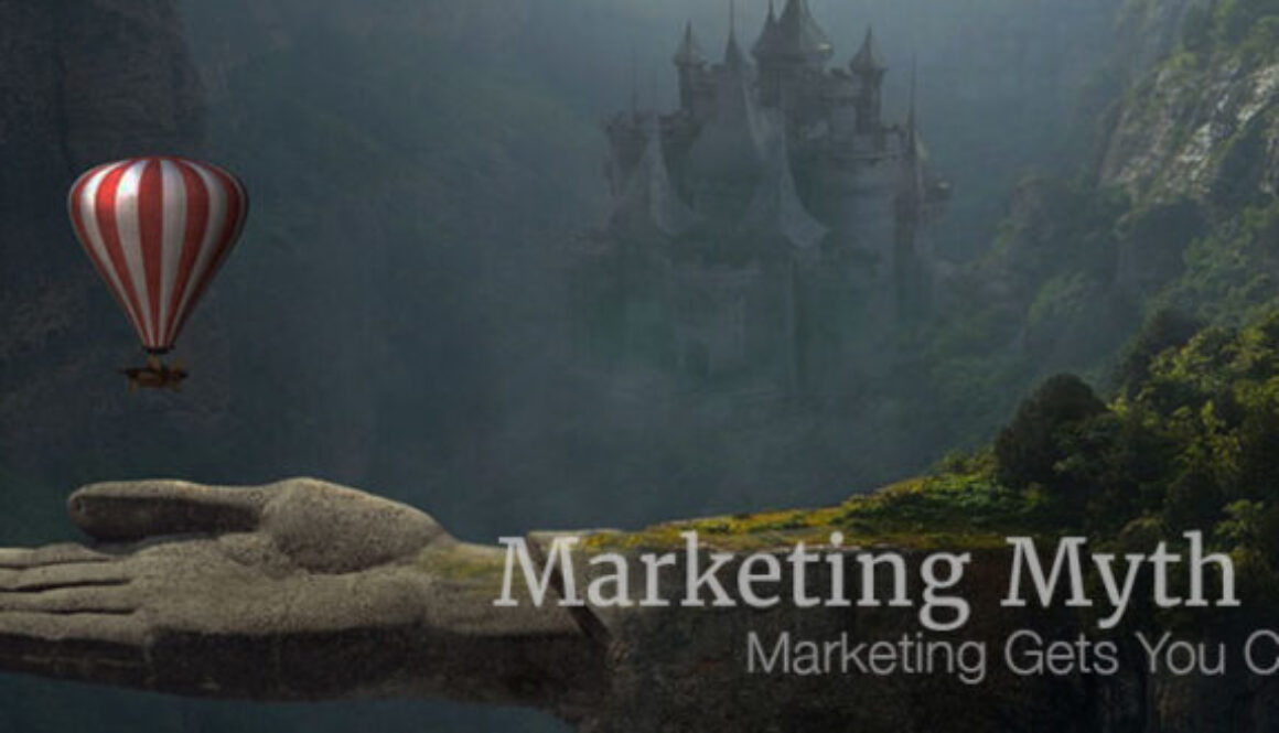 hot air balloon landing on giant stone carved hand in dream like setting Marketing Myth #17 Marketing Gets You Clients